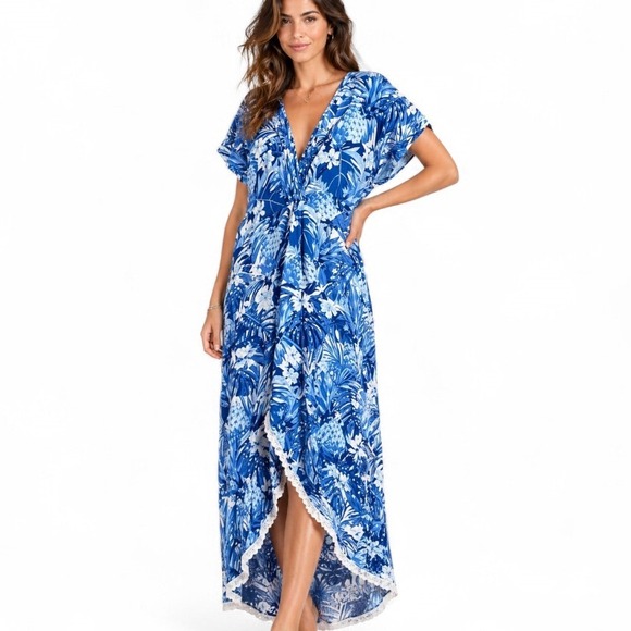 America & Beyond Dresses & Skirts - America & Beyond Blue Tropical Maxi Dress Boho Resort Vacation Flowy Beach XL